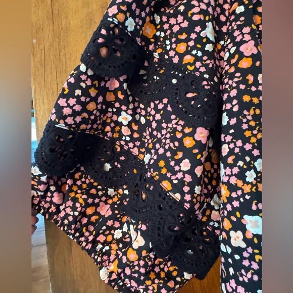 Oliver Bonas Floral Print Broderie Black Cotton Blouse- Size 12 - Picture 3 of 6